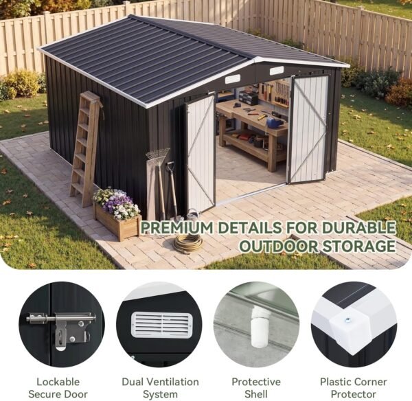 10 x 12 FT Black Metal Outdoor Storage Shed with Lockable Double Doors