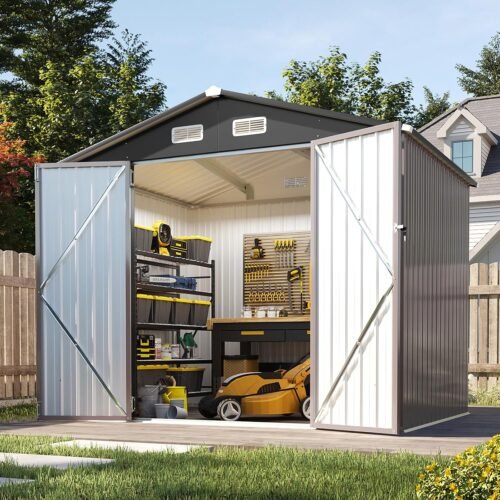 8 x 6 FT Brown Galvanized Steel Outdoor Storage Shed with Double Doors