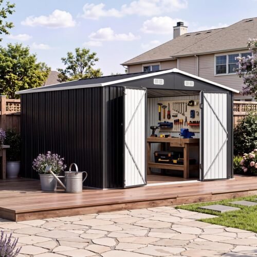 10 x 12 FT Black Metal Outdoor Storage Shed with Lockable Double Doors