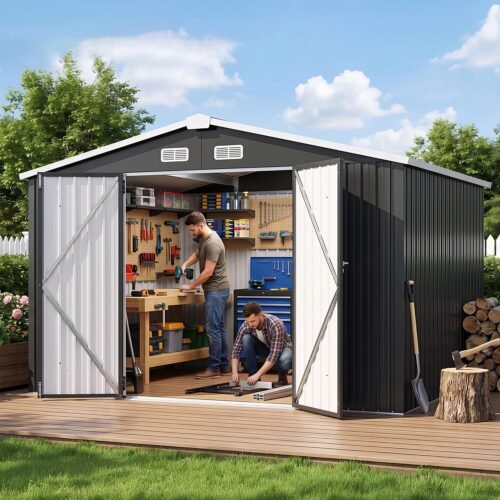 10 x 8 FT Black Galvanized Steel Outdoor Storage Shed with Lockable Door