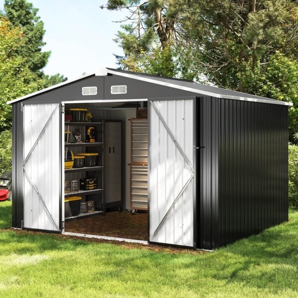 91BlD3LokXL._AC_SL1500_ 10 x 8 FT Black Galvanized Steel Outdoor Storage Shed with Lockable Door